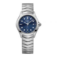 Ebel Uhr Damen silber Zifferblatt blau mit Diamanten 30mm Quarz Wave Lady 1216315