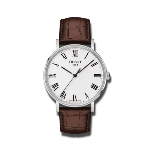 Tissot Everytime Herren Armbanduhr mit weißem Zifferblatt und Armband aus Kalbsleder mit Krokodilprägung T109.410.16.033.00
