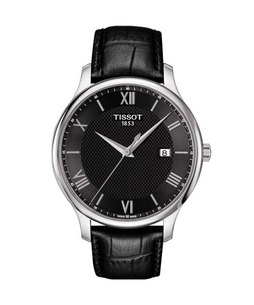 Tissot Tradition (T063.610.16.058.00) Vintage Uhr mit schwarzem Lederarmband