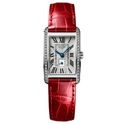 Longines DolceVita Damenuhr mit Diamanten & rotem Leder-Armband 32mm Quarz L5.255.0.71.5