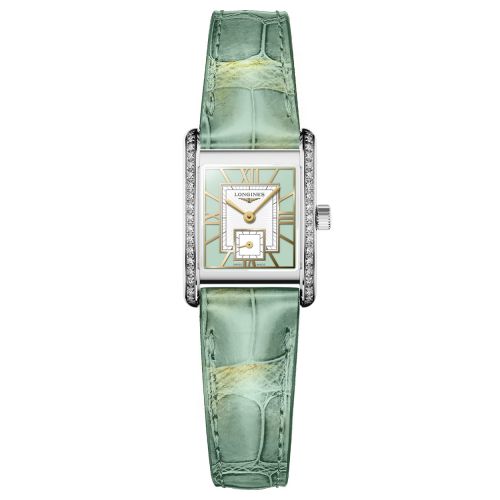 Longines Mini DolceVita Damenuhr Grün mit Diamanten Leder-Armband Quarz L5.200.0.05.2