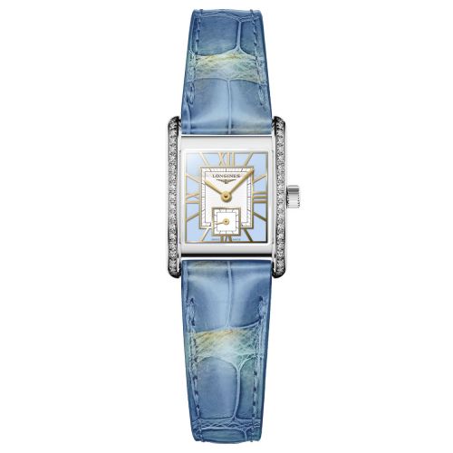 Longines Mini DolceVita Damenuhr Blau mit Diamanten Leder-Armband Quarz L5.200.0.95.2