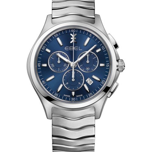 Ebel Uhr Herren Chronograph 42mm silber mit blauen Zifferblatt & Edelstahl-Armband Quarz Wave Gent 1216344