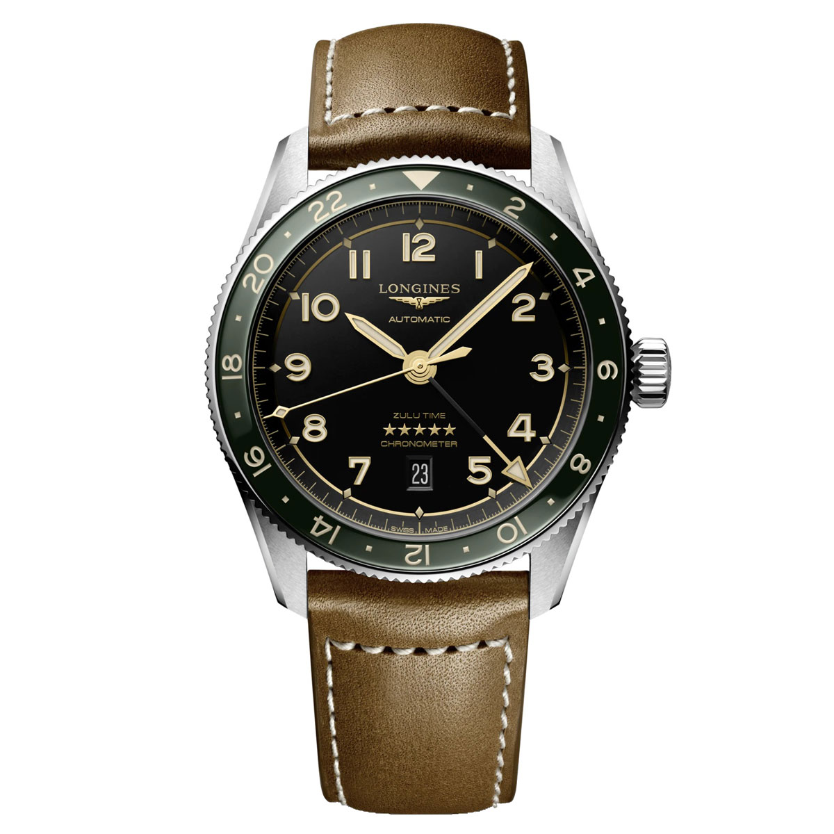 Longines Spirit Zulu Time Schwarz Grün Leder-Armband Herrenuhr Automatik  GMT 42mm L3.812.4.63.2 | UHREN-LOUNGE